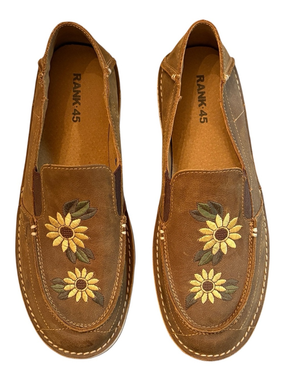 Women’s Brown Leather Slip-On Moc Toe Loafers with Sunflower Embroidery~size 10